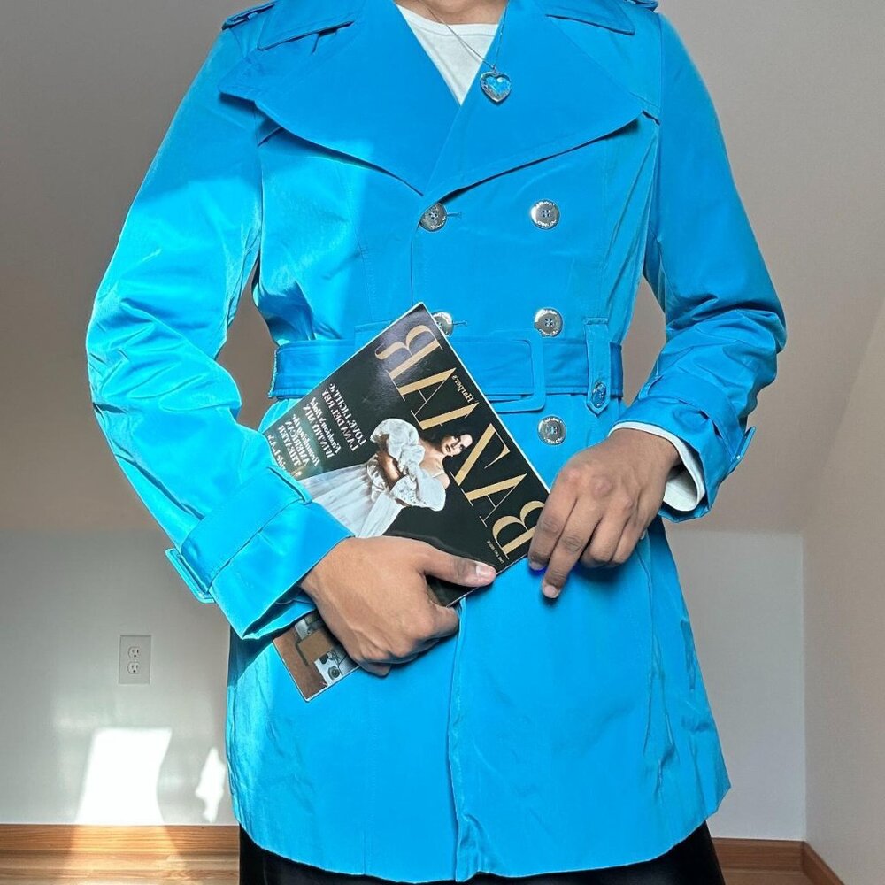 Calvin Klein Ocean Blue Double Breasted Trench Coat Waist Tie Size Large